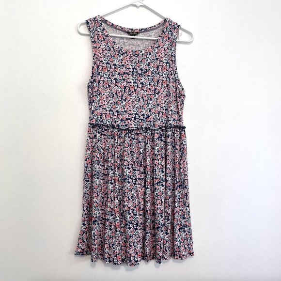 LILY ROSE Navy Blue White Pink Floral Ruffle Sleeveless Mini Fit & Flare Dress M - Picture 1 of 12